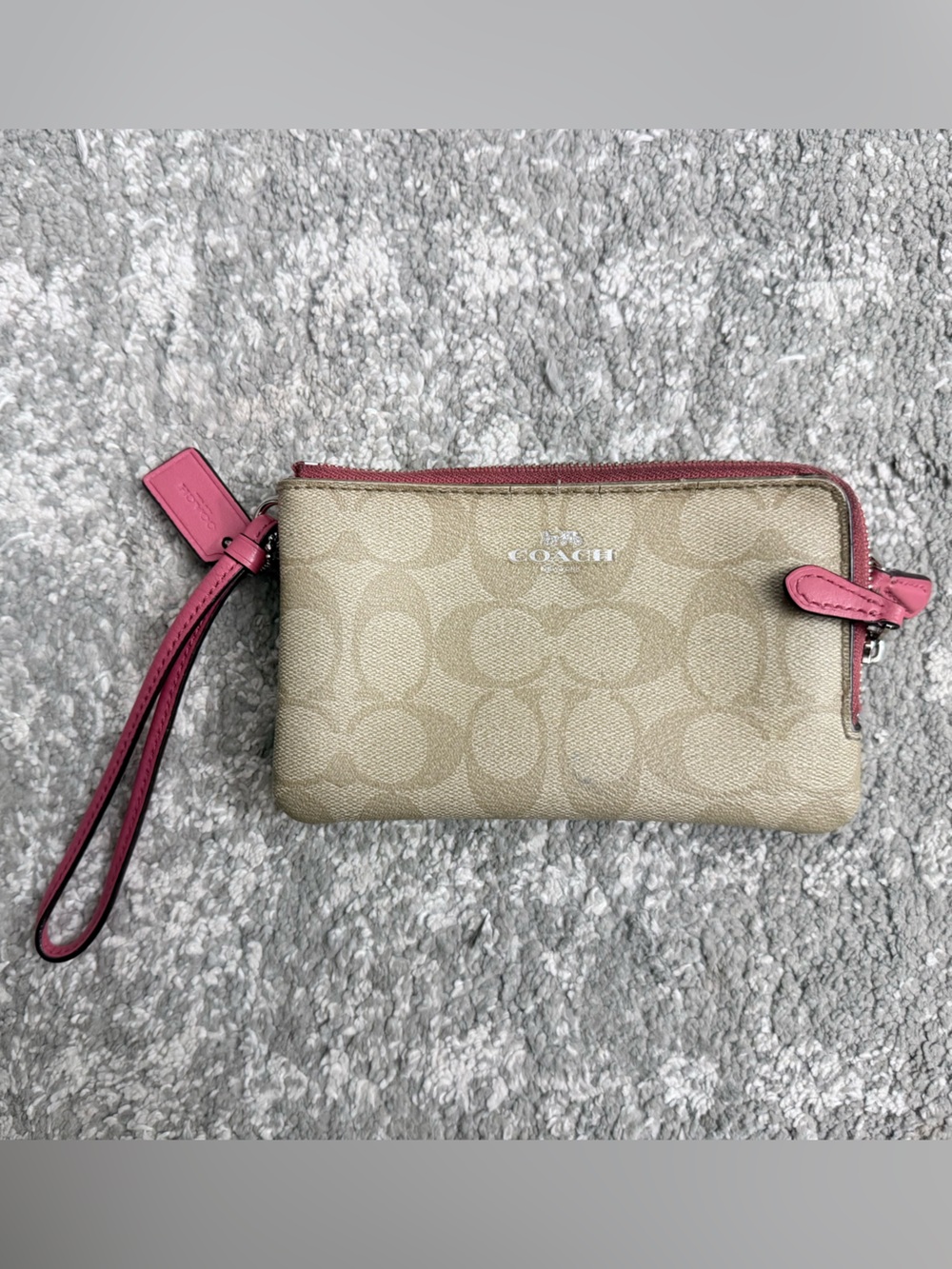 Coach Beige Signature Wristlet with Pink Trim